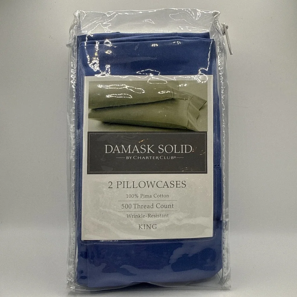 New Charter Club Damask Solid 2 Pillowcases King 500 TC Pima Cotton BLUE